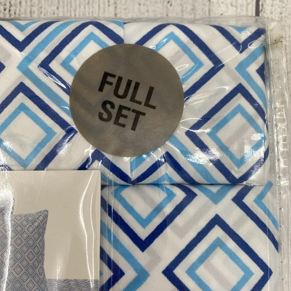 Trina Turk Sheet Set FULL White Blue Sonia Geo Diamond Geometric Colorful Modern